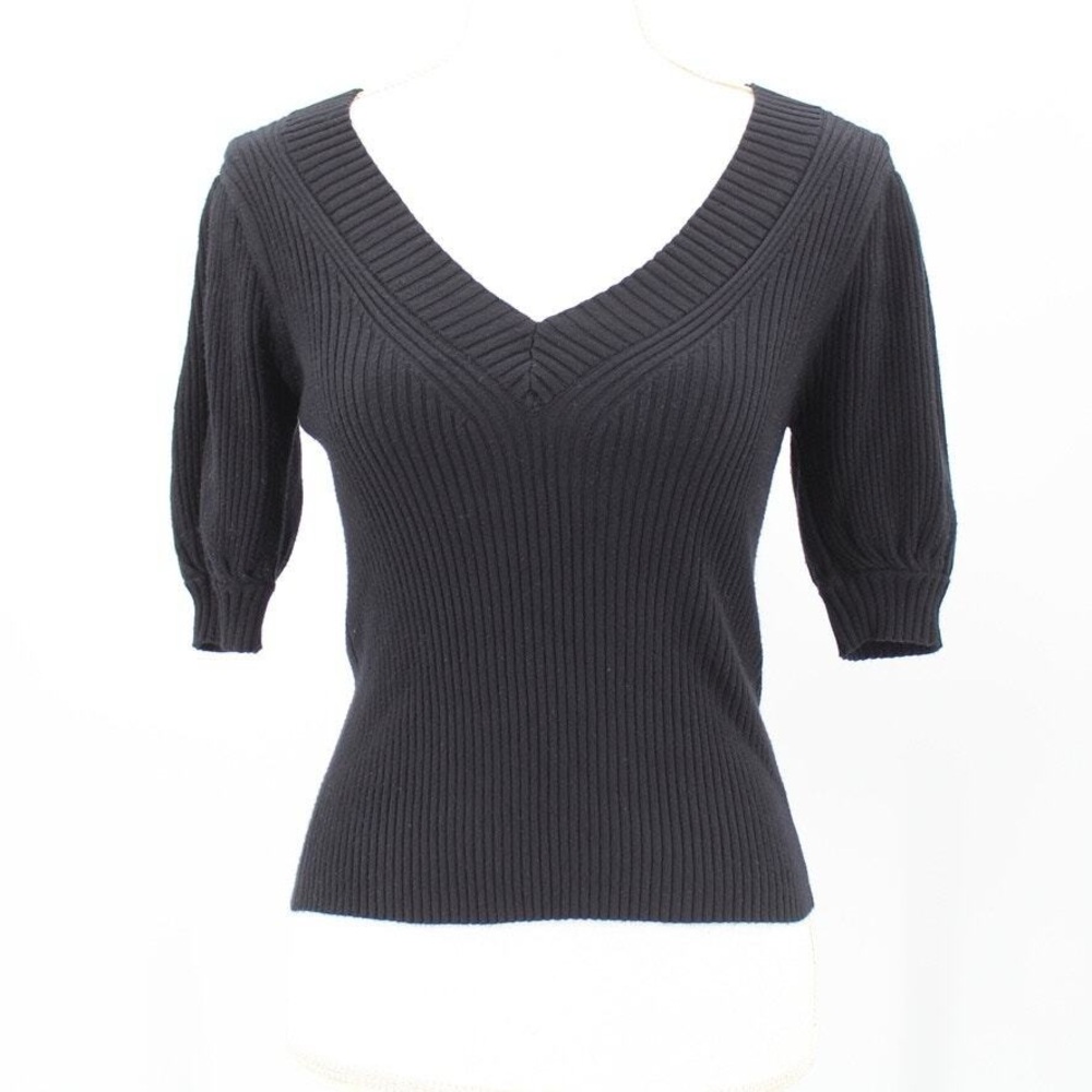 Design History Short Puff Sleeve Ribbed Knit Sweater Black V Neck Size S